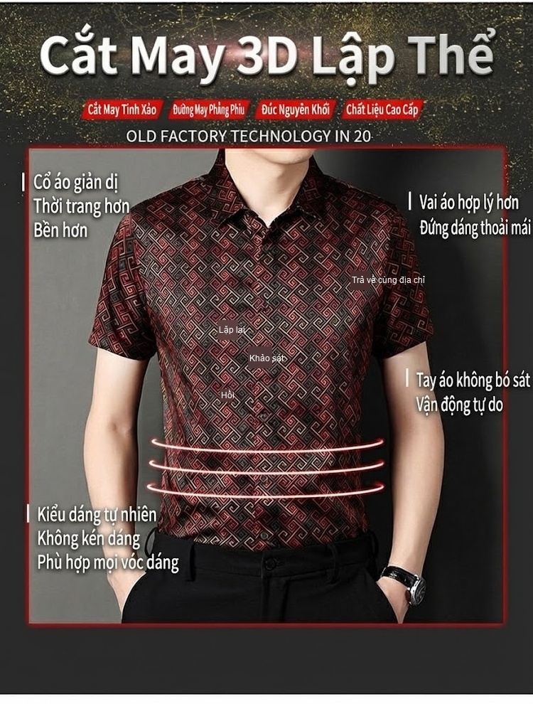 Áo Sơ Mi Nam Tay Ngắn Lụa Tằm Cao Cấp Họa Tiết In Nổi Chống Nhăn Màu Đỏ Đen chi tiết 2