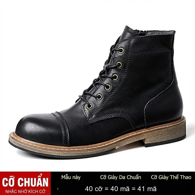Giày Boot Martin Nam Cao Cổ Da Thật Đế Dày Chiều Cao Đế Khoảng 3cm Phong Cách Anh Quốc Màu Nâu, Đen