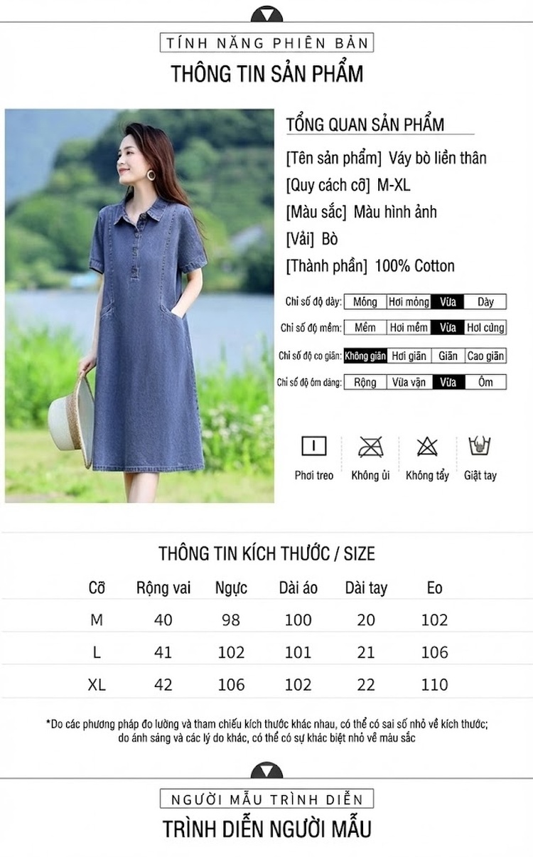 Váy Jean Nữ Dáng Suông Ngắn Tay Phong Cách Thanh Lịch chi tiết 7