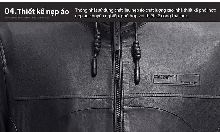 Áo Khoác Da Nam Da Thật Cổ Đứng Lót Lông Vũ Ngắn Màu Đen chi tiết 15