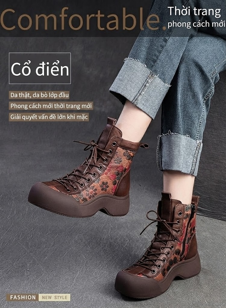 Giày Boot Nữ Cổ Cao Buộc Dây Họa Tiết Phong Cách Vintage Chiều Cao Đế Khoảng 4cm Màu Đen, Nâu chi tiết 1