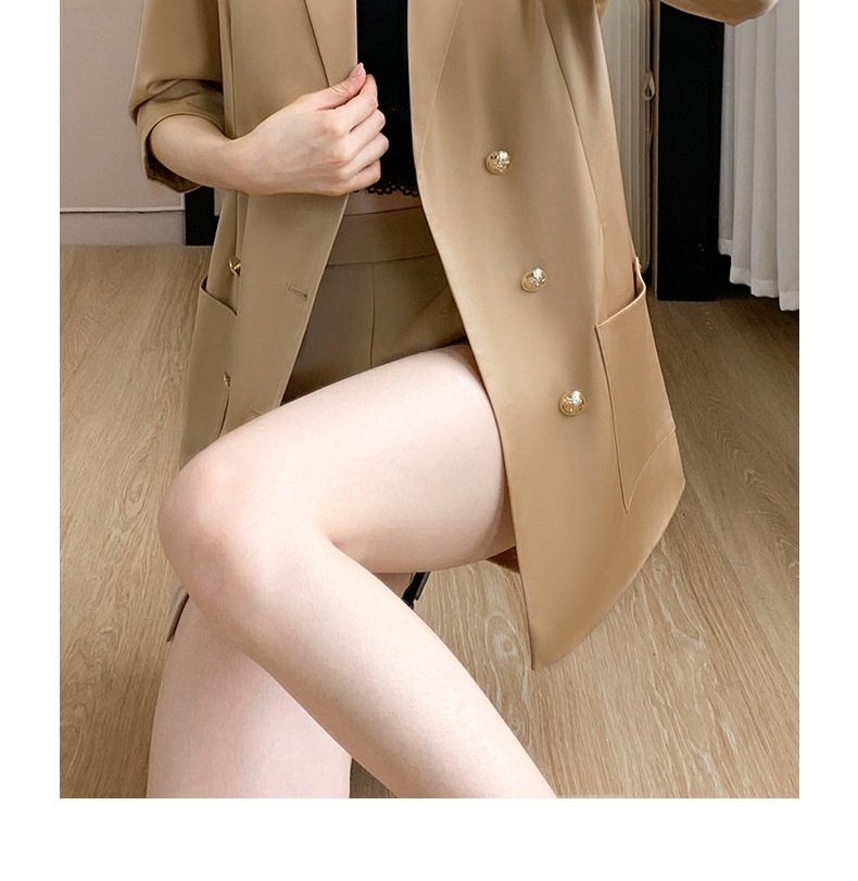 Bộ Vest Nữ Mùa Hè Áo Blazer Tay Lỡ Quần Short Ống Rộng Màu Xanh Lá, Kaki chi tiết 17