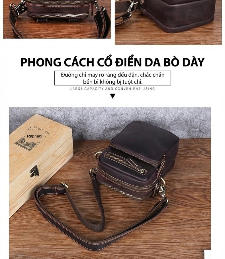 Túi Đeo Chéo Nam Da Bò Dáng Đứng Nhỏ Gọn Màu Nâu Đậm, Nâu Vàng chi tiết 5