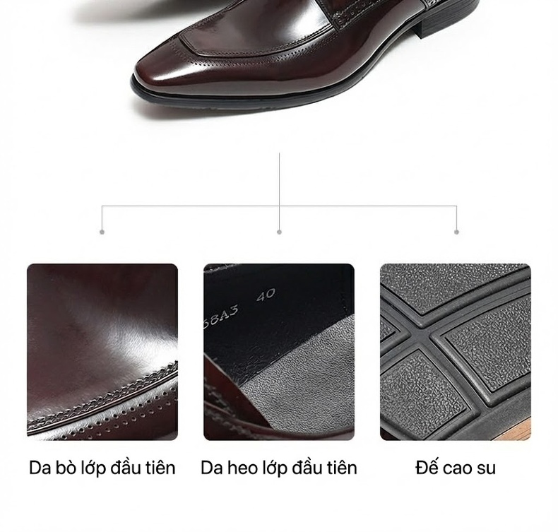 Giày Tây Buộc Dây Nam Da Bóng Chiều Cao Đế Khoảng 3cm Màu Đen, Nâu chi tiết 5