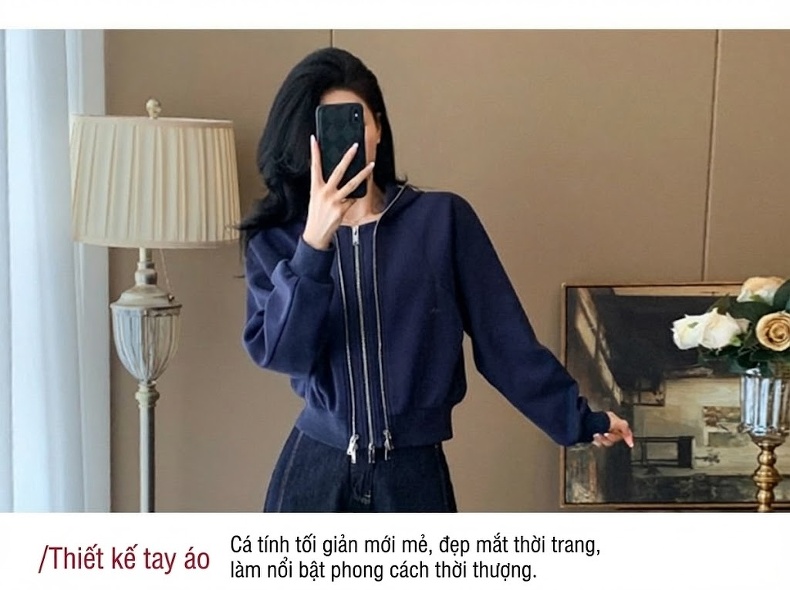 Bộ Quần Áo Thể Thao Nữ Áo Khoác Dáng Lửng Quần Ống Rộng Phong Cách Hàn Quốc Màu Xanh Navy chi tiết 10