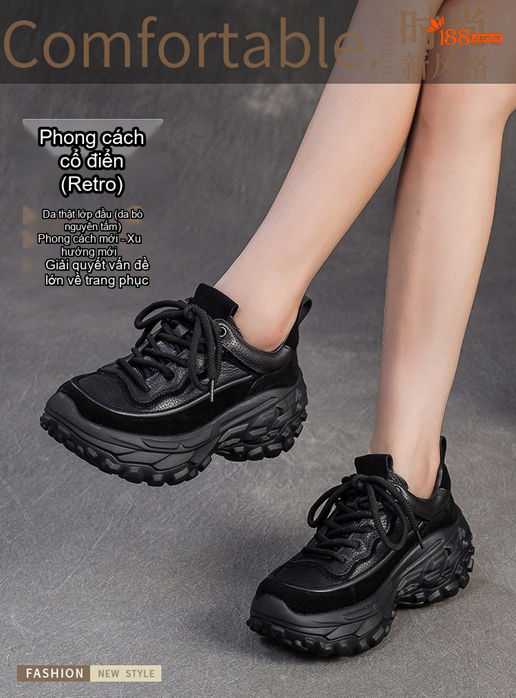 Giày Thể Thao Nữ Da Bò Mũi Tròn Chiều Cao Đế Khoảng 4cm Màu Đen, Nâu chi tiết 1