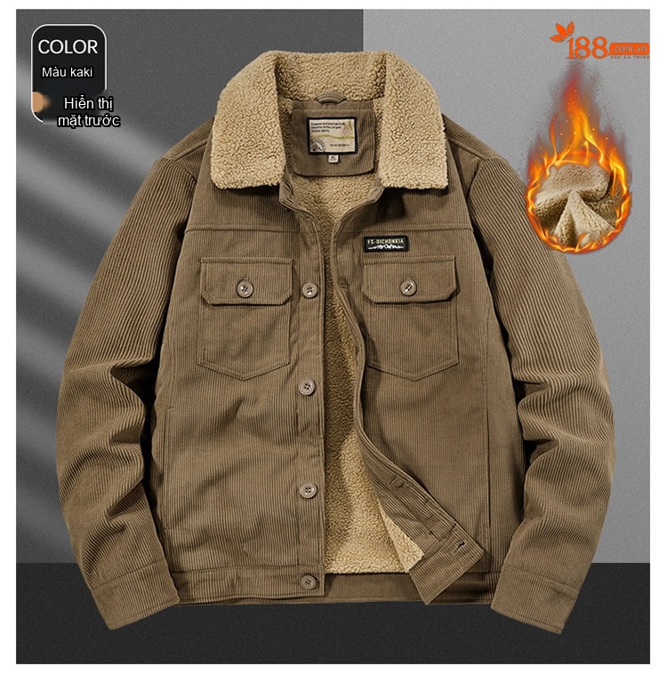 Áo Khoác Nam Cotton Lót Lông Cừu Non Cổ Lông Rộng Dáng Rộng Màu Đen, Nâu, Xanh... chi tiết 16