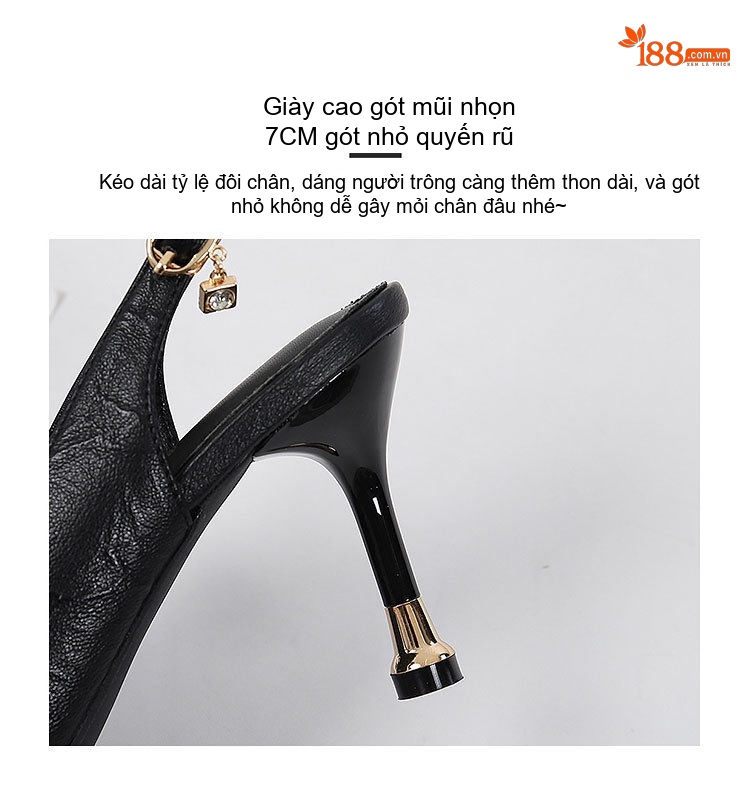Giày Sandal Cao Gót Nữ Hở Gót Mũi Nhọn Đính Đá Gót Cao 7cm - 8cm Màu Đen, Kem chi tiết 11