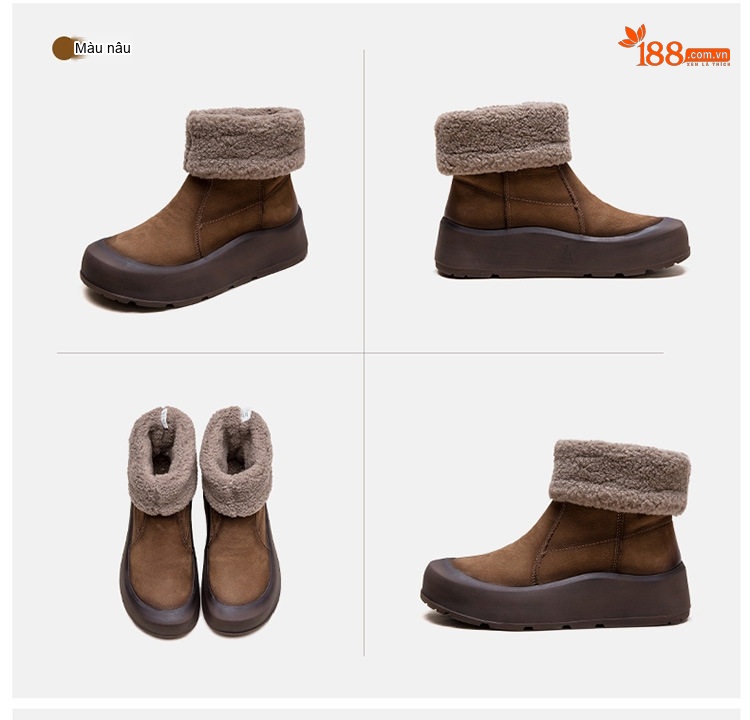 Boot Nữ Cổ Lông Giữ Ấm Lót Lông Chiều Cao Đế Khoảng 5cm Màu Nâu chi tiết 17
