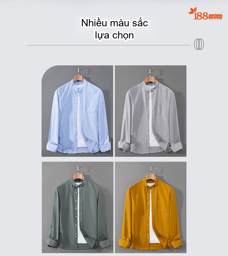 Áo Sơ Mi Nam Tay Dài Cổ Trụ Oxford Cotton Dáng Ôm Màu Vàng, Xanh Lam, Xanh Dương, Xám... chi tiết 11