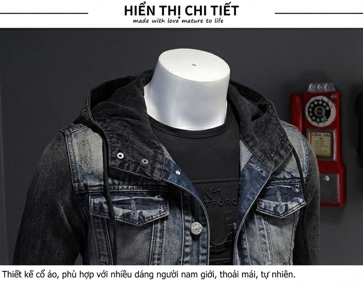 Áo Khoác Jean Nam Có Mũ Trùm Đầu Dáng Rộng Màu Xanh Đen chi tiết 5