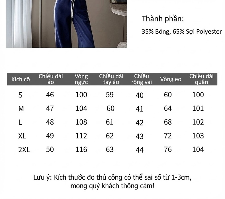 Bộ Quần Áo Thể Thao Nữ Thu Đông Dáng Rộng Áo Khoác Hoodie Quần Dài Màu Xanh Navy chi tiết 2