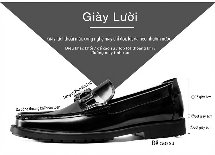 Giày Lười Nam Da Bò Doanh Nhân Chiều Cao Đế Khoảng 3cm Màu Đen chi tiết 2