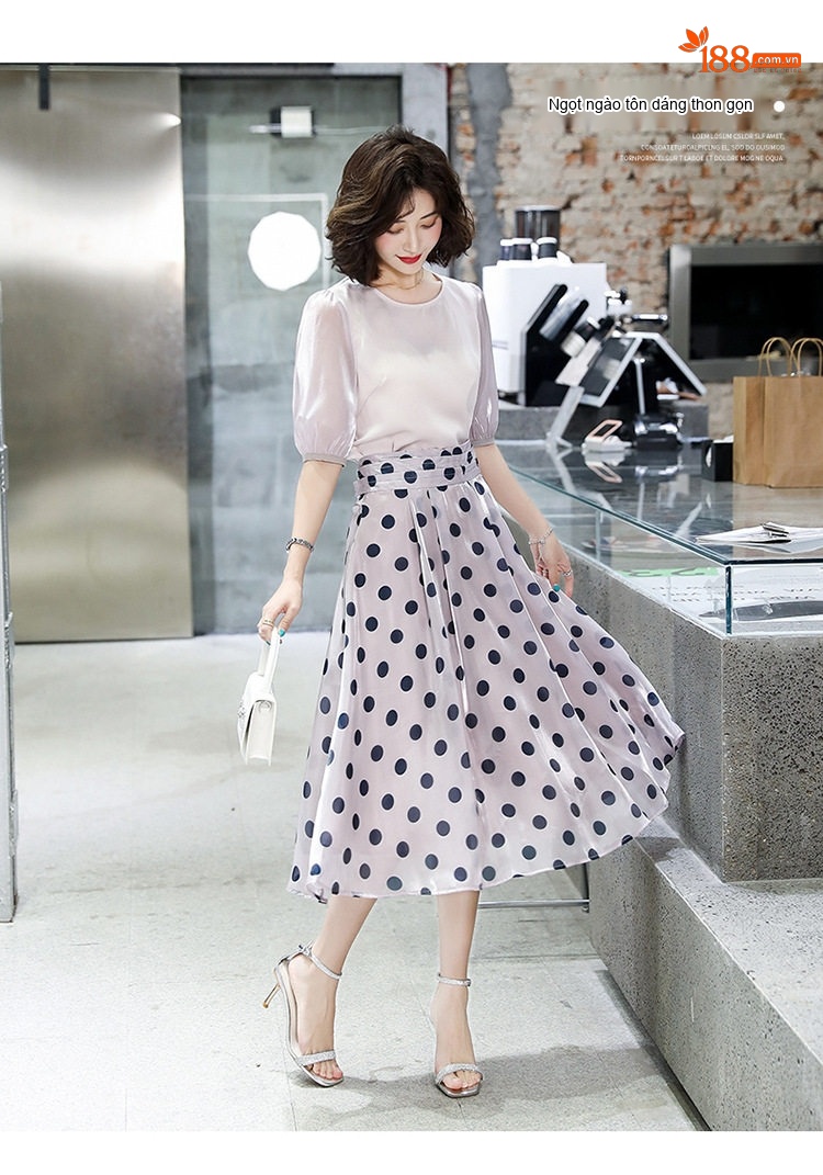 Set Bộ Áo Sơ Mi Tay Phồng Quần/Chân Váy Midi Họa Tiết Chấm Bi Phong Cách Hàn Quốc Màu Hồng, Đen chi tiết 3