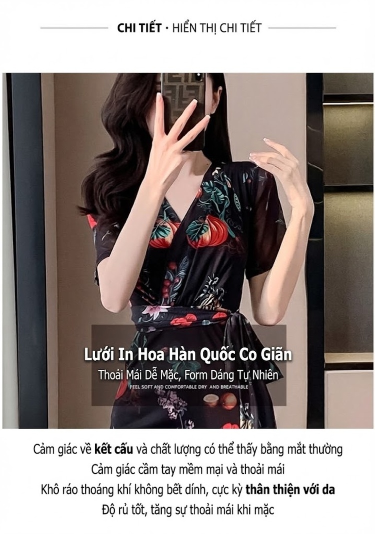 Váy Liền In Họa Tiết Pháp Cổ Điển Cổ Chữ V Thắt Eo Dáng Ôm Màu Đen, Tím, Trắng chi tiết 3