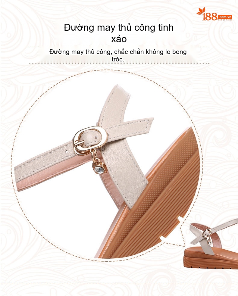 Dép Sandal Nữ Da Thật Quai Chéo Đế Mềm Chống Trượt Đế Cao 3cm - 4cm Màu Đỏ, Nâu, Đen, Kem chi tiết 7