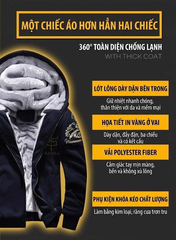Bộ Quần Áo Nỉ Nam Thu Đông Dày Dặn Lót Lông Cừu Non Áo Khoác Có Mũ Màu Đen, Xám, Xanh Navy, Đỏ chi tiết 1