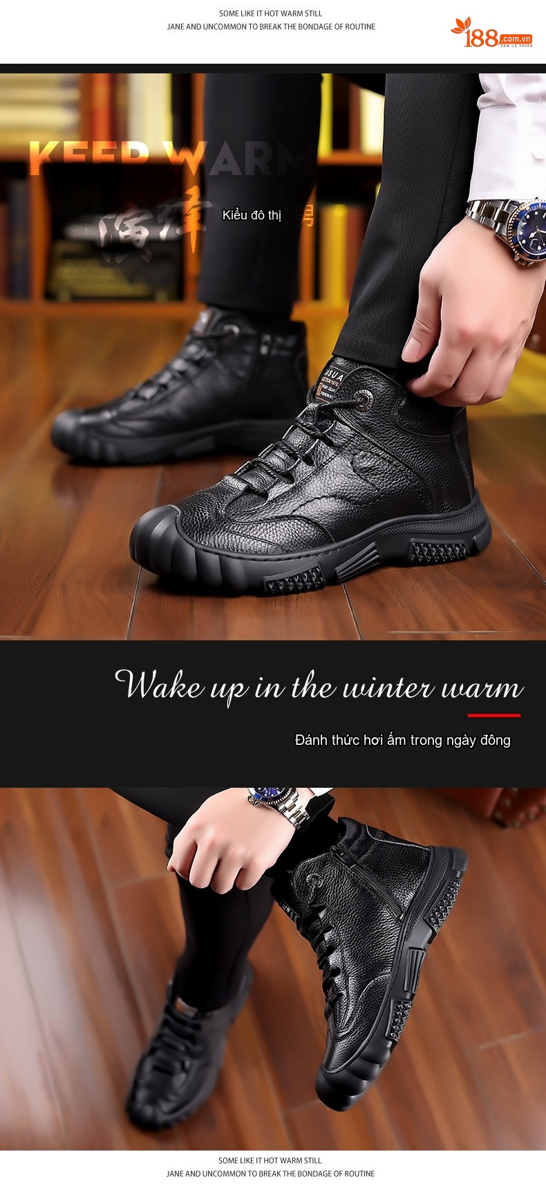 Giày Boot Nam Cao Cổ Da Mờ Lót Lông Ấm Áp Chiều Cao Đế Khoảng 3cm Màu Đen chi tiết 12
