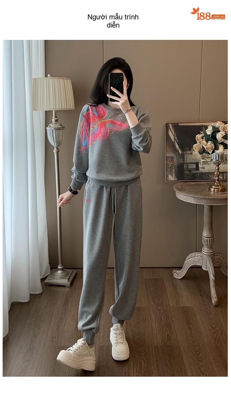 Bộ Quần Áo Nữ Thun Dài Tay In Hình Bướm Phong Cách Thể Thao chi tiết 9