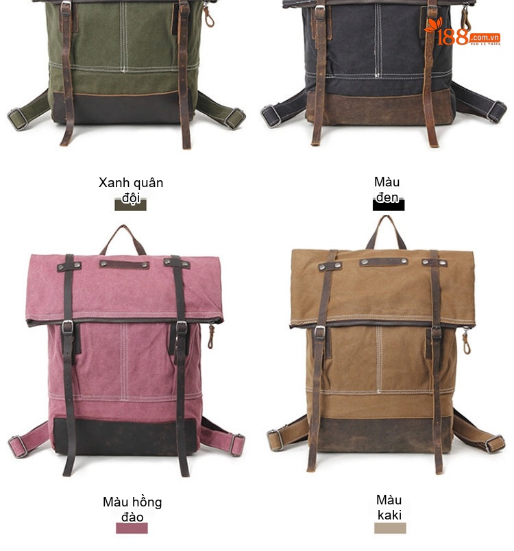 Túi Đeo Vai/Đeo Lưng Vải Canvas Phong Cách Âu Mỹ Retro Phối Da Thật Màu Xanh Quân Đội, Đen, Hồng Đào, Kaki...