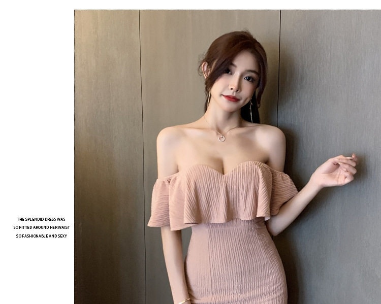 Váy Ôm Body Hở Vai Cổ Trễ Bèo Nhún Dáng Ngắn Màu Hồng, Đen, Trắng chi tiết 7
