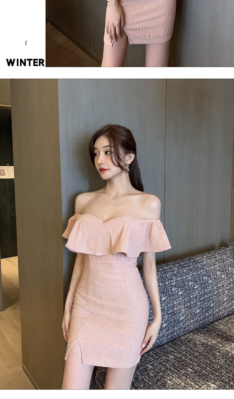 Váy Ôm Body Hở Vai Cổ Trễ Bèo Nhún Dáng Ngắn Màu Hồng, Đen, Trắng chi tiết 8