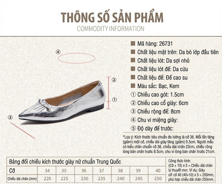 Giày Búp Bê Nữ Da Bò Mũi Nhọn Chiều Cao Đế Khoảng 1cm Phong Cách Hàn Quốc Màu Trắng, Bạc chi tiết 2