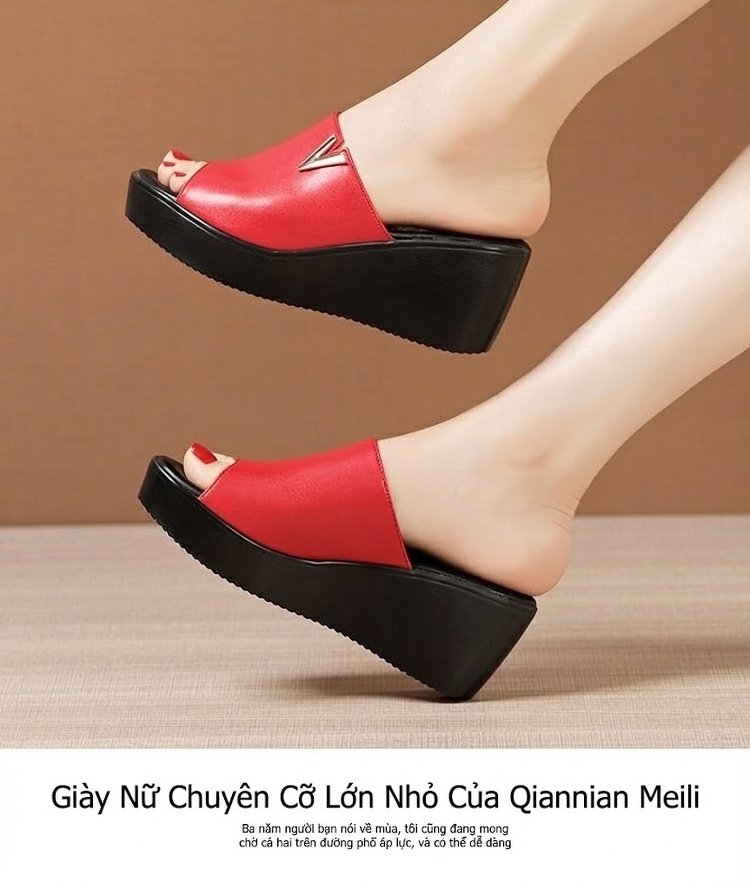 Dép Quai Ngang Nữ Da Bò Đế Xuồng Chiều Cao Đế Khoảng 6cm Màu Đỏ, Đen chi tiết 9