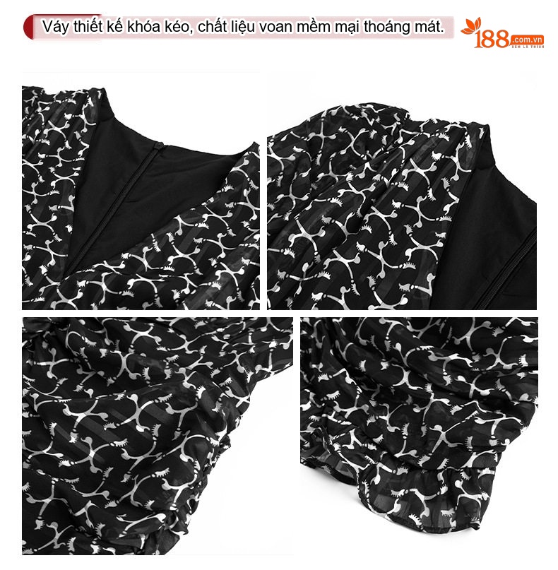 Váy Ôm Body Nữ Cổ chữ V In Họa Tiết Tay Bồng Viền Bèo Phong Cách Pháp Màu Đen Trắng chi tiết 5