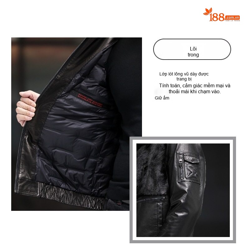 Áo Khoác Da Thật Nam Dáng Bomber Cổ Lông Chồn, Da Dê Màu Đen chi tiết 18