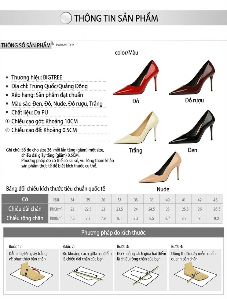 Giày Cao Gót Nữ Da Bóng Mũi Nhọn Chiều Cao Đế Khoảng 6cm Màu Đỏ, Kem, Đen, Nude chi tiết 1