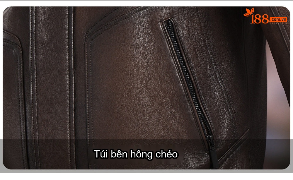 Áo Khoác Da Thật Nam Dáng Ôm Cổ Bẻ Phong Cách Motor Da Sáp Dầu Màu Nâu chi tiết 8