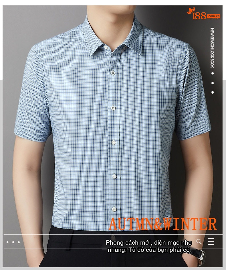 Áo Sơ Mi Nam Sợi Tơ Lụa Cotton Ngắn Tay Chống Nhăn Phong Cách Thanh Lịch Màu Xanh Da Trời, Tím chi tiết 1