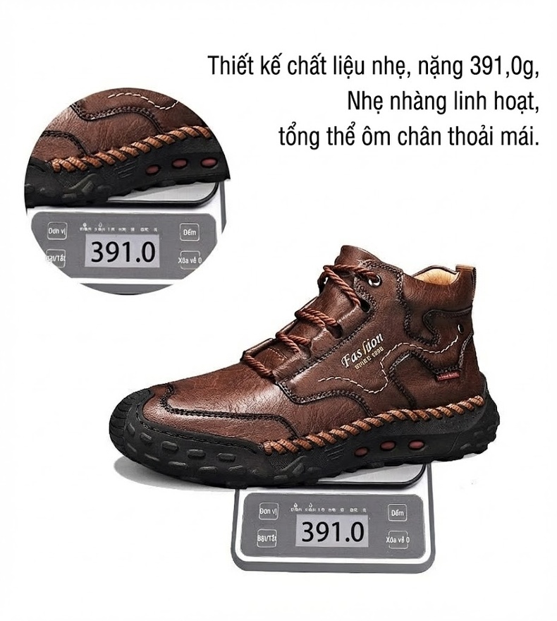 Giày Boot Nam Cổ Cao Dây Buộc Da Bóng Phong Cách Casual Chiều Cao Đế Khoảng 3cm Màu Nâu chi tiết 6