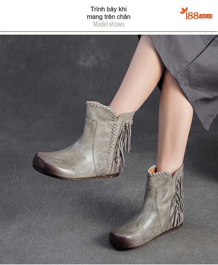 Boot Nữ Da Bò Cổ Ngắn Phong Cách Anh Chiều Cao Đế Khoảng 2cm Màu Nâu, Xám chi tiết 7