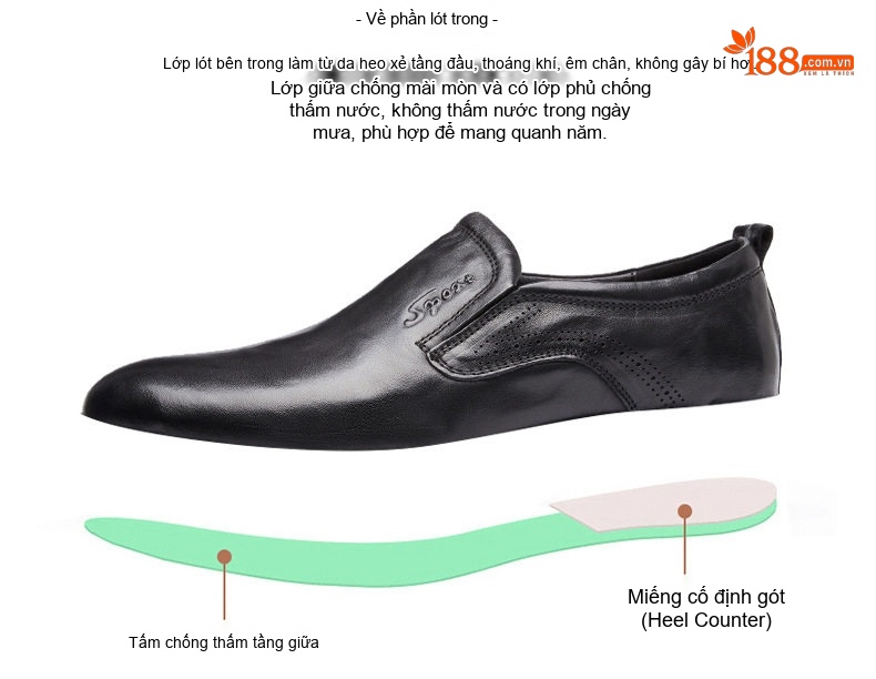 Giày Lười Nam Da Bóng Thoáng Khí Chống Trượt Chiều Cao Đế Khoảng 3cm Màu Đen, Nâu chi tiết 4