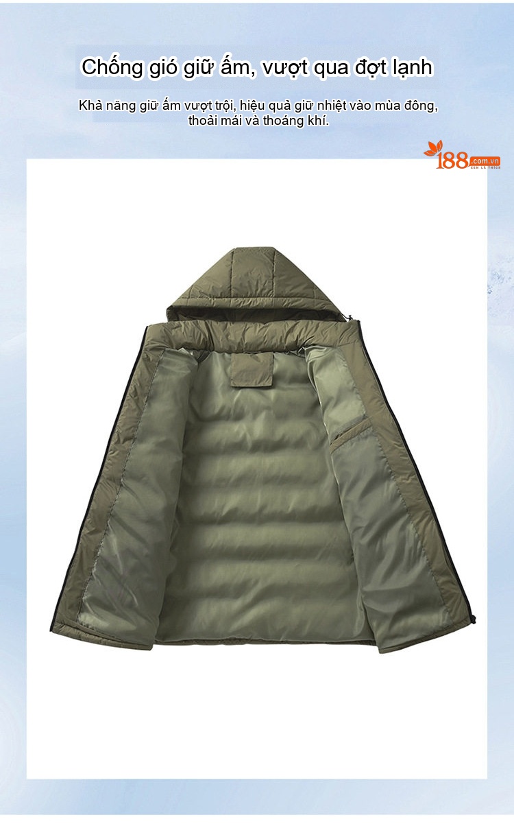 Áo Khoác Phao Nam Cotton Dáng Rộng Có Mũ Trùm Đầu Màu Xanh Olive, Đen, Xanh Navy, Xám chi tiết 3