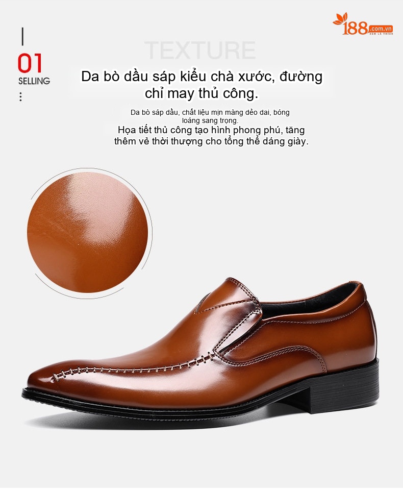 Giày Lười Nam Da Bò Mũi Nhọn Thoáng Khí Chiều Cao Đế Khoảng 3cm Màu Nâu, Đen chi tiết 2
