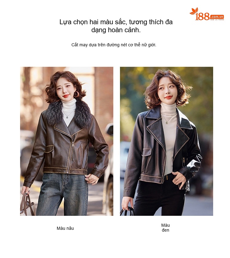 Áo Khoác Da Nữ Cổ Lông Cáo Có Thể Tháo Rời Lót Lông Dày Dặn Màu Nâu chi tiết 12