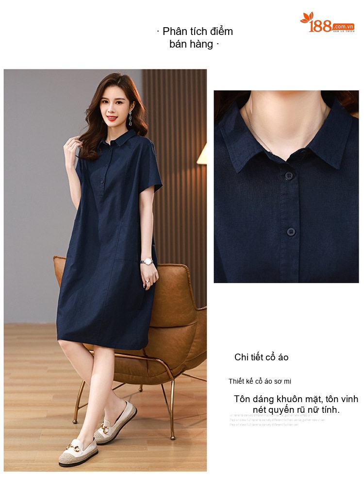 Váy Sơ Mi Nữ Dáng Suông Cotton Linen Phong Cách Retro Màu Xanh Navy, Tím, Nâu, Xanh Lá... chi tiết 7