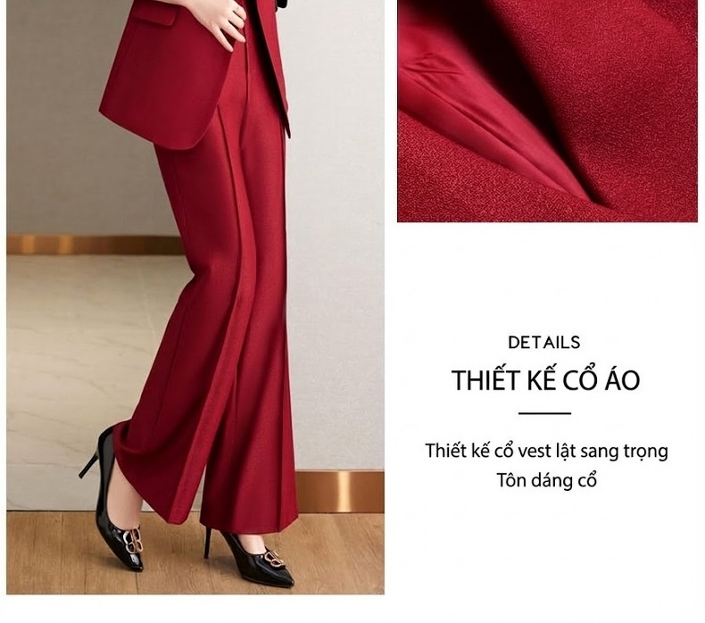 Set Bộ Vest Nữ Quần Ống Rộng Dáng Ôm Thanh Lịch Màu Đỏ, Xanh Lá, Đen chi tiết 11