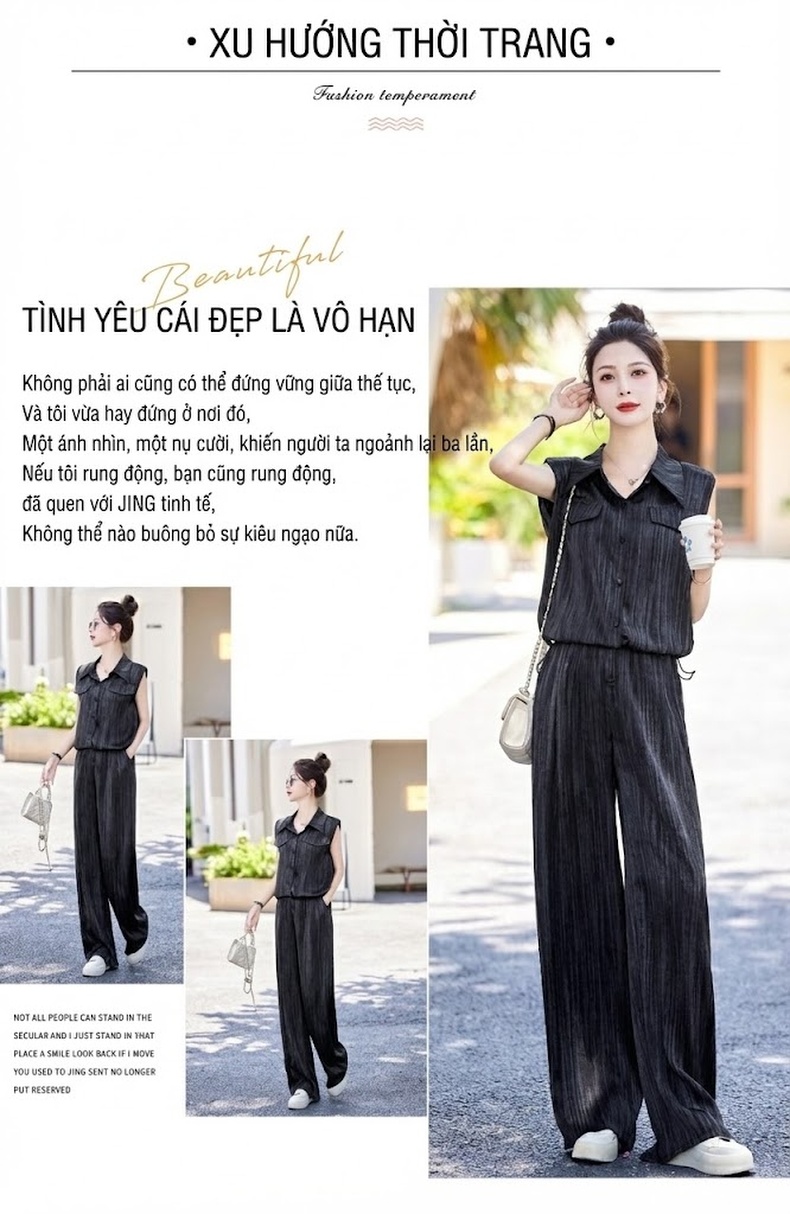 Bộ Quần Áo Nữ Áo Sơ Mi Không Tay Quần Ống Rộng Thoáng Mát Màu Đen chi tiết 4
