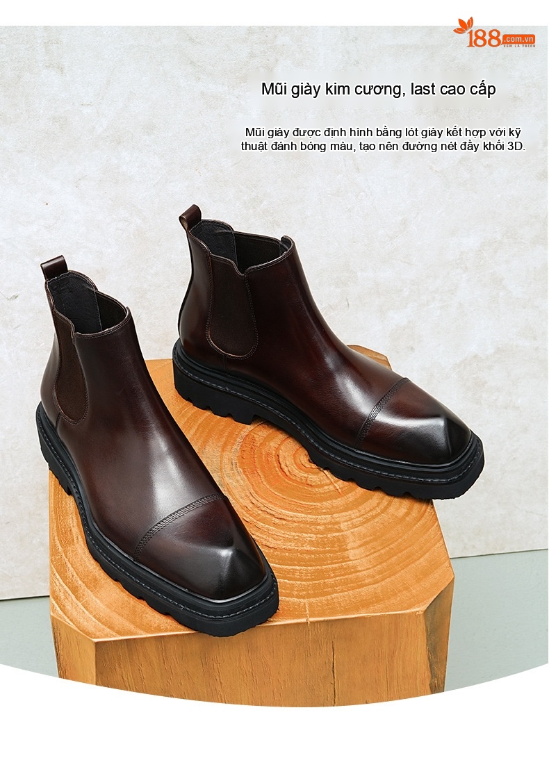 Giày Chelsea Boot Nam Da Bóng Cao Cổ Chiều Cao Đế Khoảng 4cm Màu Đen, Nâu Đỏ chi tiết 6