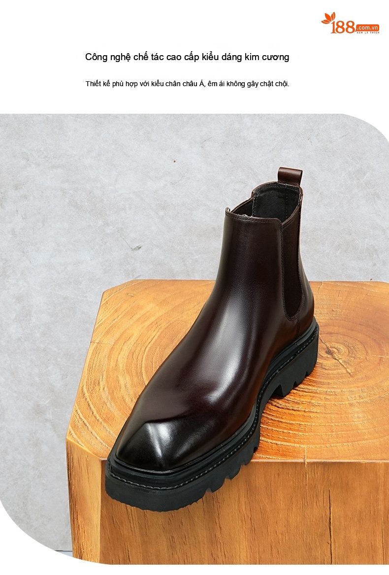 Boot Chelsea Nam Da Bò Cao Cổ Thủ Công Chiều Cao Đế Khoảng 5cm Màu Đen, Nâu Đỏ chi tiết 4
