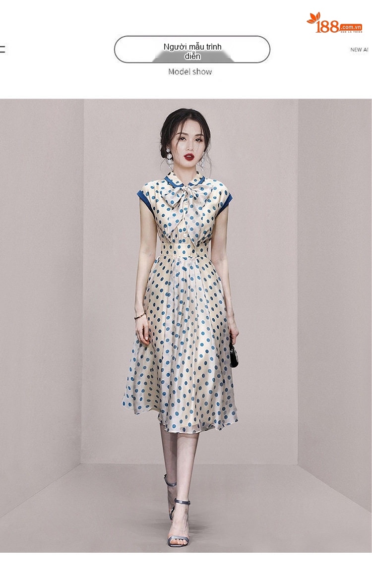 Váy Suông Nữ Cổ Búp Bê Họa Tiết Chấm Bi Thắt Nơ Kiểu Retro chi tiết 8