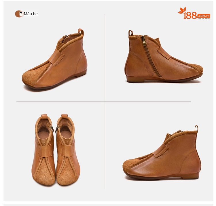 Boot Nữ Cổ Ngắn Da Mờ Phong Cách Retro Chiều Cao Đế Khoảng 1cm Màu Nâu, Vàng chi tiết 17