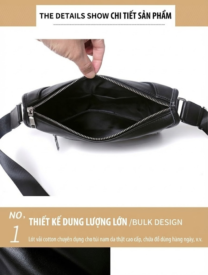 Túi Đeo Chéo Nam Da Bò Thật Phong Cách Hàn Quốc Kiểu Dáng Vuông Nhỏ Màu Đen chi tiết 14