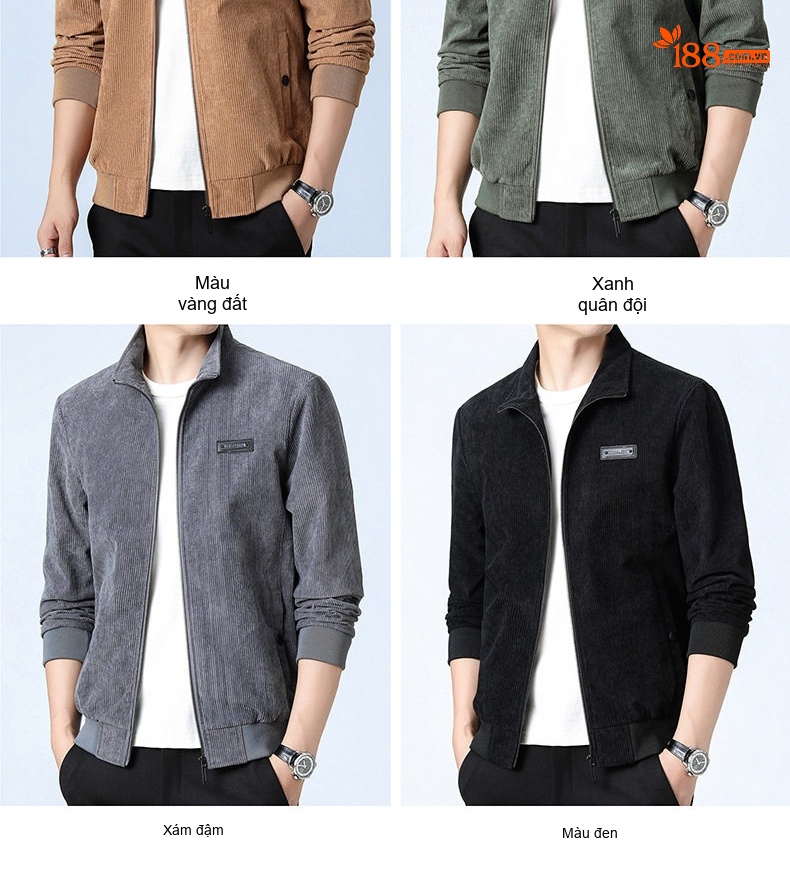 Áo Khoác Bomber Nam Vải Nhung Gân Dáng Rộng Cổ Trụ Lót Lông Màu Đen, Nâu, Xám chi tiết 9