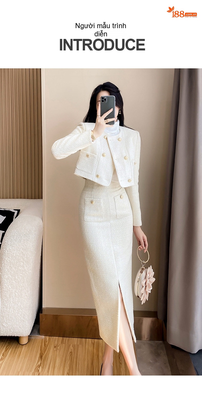 Bộ Set Áo Khoác Lửng và Chân Váy Nữ Vải Tweed Phong Cách Tiểu Thư Thanh Lịch Màu Trắng Kem chi tiết 5