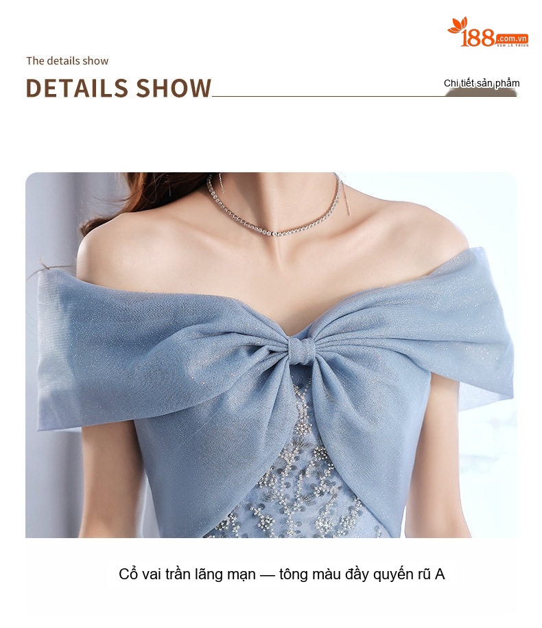 Váy Dạ Hội Hở Vai dáng chữ A Chiều Dài Midi Màu Xanh, Đen chi tiết 12